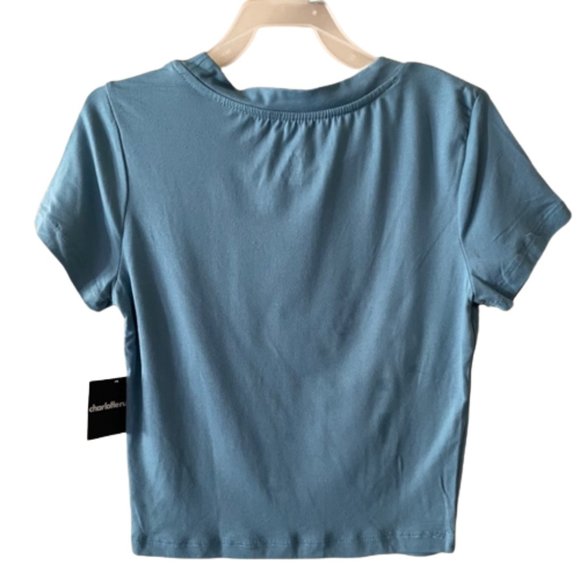 Charlotte Russe Crop Top. Blue Stretch Knit with Sequin Butterfly. NWT - Picture 2 of 3